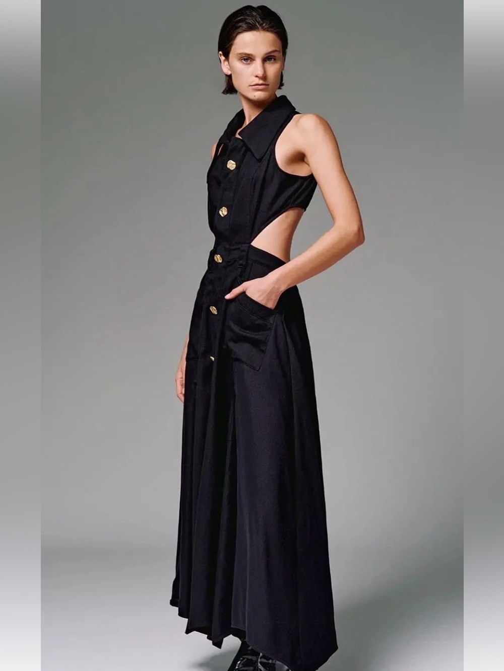 Urban Revivo Black Denim Cut Out Sleeveless Maxi Dress Size 12 - Picture 3 of 6